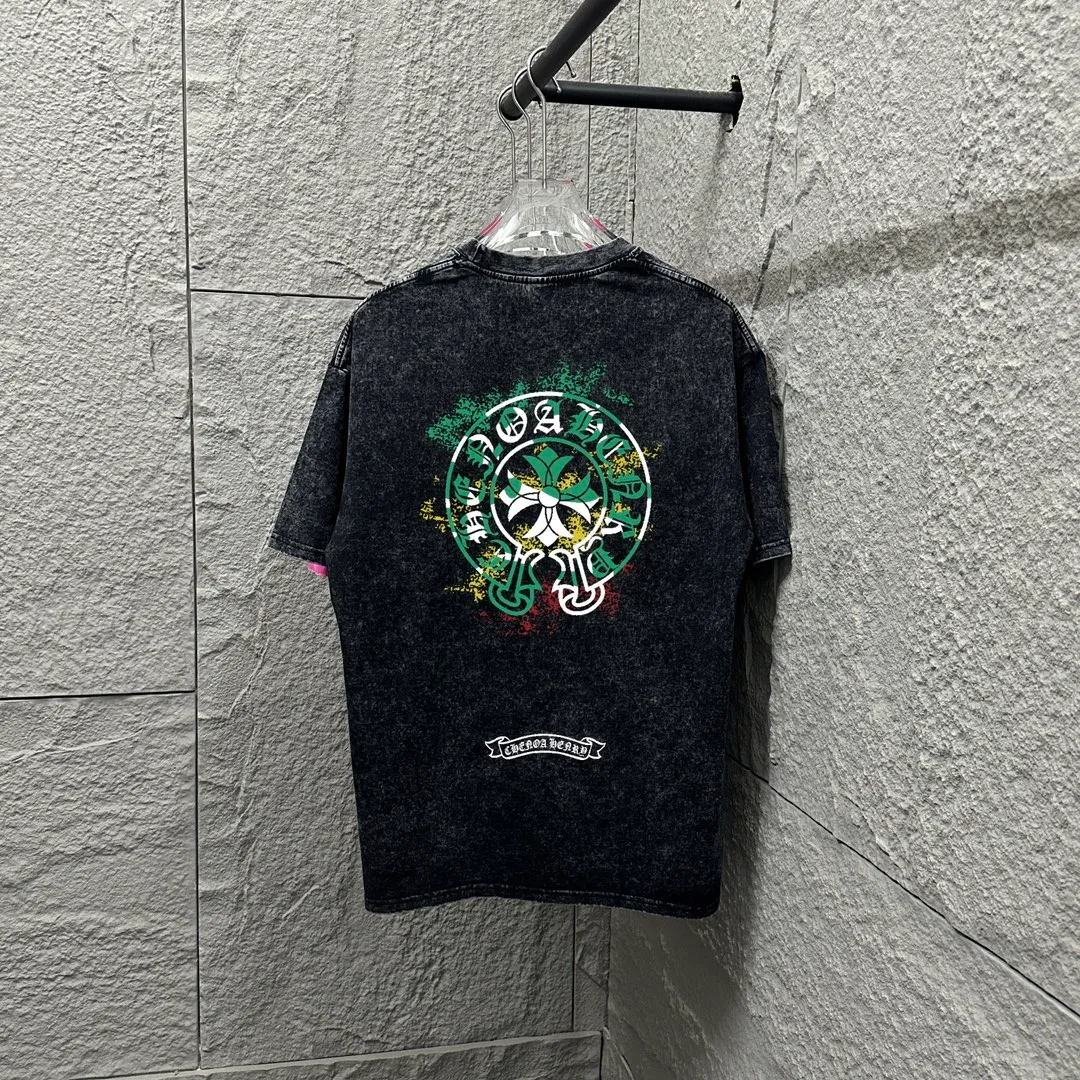 🅿️180 CH Crow Heart* 2025 spring and summer new style Snowflake distressed washed retro round neck short sleeves Chest logo Horseshoe print Customized fabric Short-sleeved T-shirt Unisex Size: S M L XL XXL Color: Snowflake Black Snowflake Gray Snowflake Pink Snowflake Blue